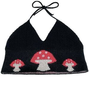 Romwe Hippie Retro Mushroom Knit Halter Top Size Medium Crop Y2K Boho Festival